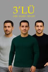Erkek Fitilli Triko Kazak 3lü Set Gri Haki Siyah Regular Fit Bisiklet Yaka Triko Seti Modeli Kazak
