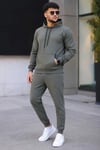 Erkek İki İplik Kapüşonlu Kanguru Cepli Sweatshirt Jogger Pantolon Alt Üst Eşofman Takımı - Haki