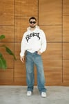 Erkek Kapüşonlu Sweatshirt Hoodie 3 İplik Şardonlu Pamuklu Kumaş, Önü Baskılı, Fermuarlı Rahat Kalıp, Kışlık Ve Sokak Stili Sweat - Beyaz