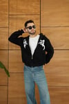 Erkek Kapüşonlu Sweatshirt  Hoodie 3 İplik Şardonlu Pamuklu Kumaş, Önü Baskılı, Fermuarlı Rahat Kalıp, Kışlık Ve Sokak Stili Sweat - Siyah