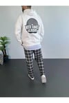 Erkek Oversize Üç İplik Kapüşonlu Sweatshirt – Beyaz Ön Baskılı, Kanguru Cepli, Rahat Kalıp, İçi Pamuklu Model