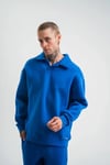 Erkek Patlı Yaka Üç İplik Pamuklu Sweatshirt Double Oversize Rahat Kalıp Günlük Kullanım - Mavi
