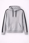 Erkek Şeritli Kapüşonlu Sweatshirt Oversize 3 Iplik Pamuklu - Gri