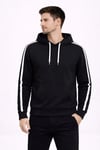 Erkek Şeritli Kapüşonlu Sweatshirt Oversize 3 Iplik Pamuklu - Siyah