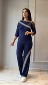 Kadın Uzun Kollu Truvakar Kol Tek Omuz çapraz şerit Detaylı Ribanalı Viskon Iki Iplik Bluz Ve Pantolon Ikili Takım