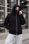Maskeli Ninja Model Çift Kapüşonlu 3 İplik Şardonlu Fermuarlı Oversize Sweatshirt - Siyah