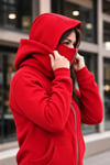 Maskeli Ninja Model Çift Kapüşonlu 3 İplik Şardonlu Fermuarlı Oversize Sweatshirt - Kırmızı