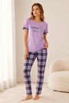 Pamuklu Penye Summer Baskılı Kısa Kollu Pijama Takımı Bisiklet Yaka Ekose Desenli - Lila