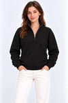 Üç İplik İçi Şardonlu Dik Yaka Yarım Fermuarlı Kışlık Sweatshirt - Siyah