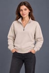 Üç İplik İçi Şardonlu Dik Yaka Yarım Fermuarlı Kışlık Sweatshirt - Bej
