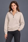 Üç İplik İçi Şardonlu Dik Yaka Yarım Fermuarlı Kışlık Sweatshirt - Bej