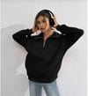 Unisex Uzun Kol Yarım Farmuarlı Yakalı Basic SweatShirt - Siyah