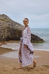 Beyaz Nakış İşlemeli Yarasa Kol Uzun Kimono, Pareo