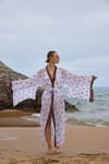 Beyaz Nakış İşlemeli Yarasa Kol Uzun Kimono, Pareo