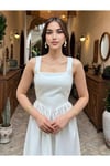 Ekru Taş Baskılı A Kesim Bağcıklı Elbise-DAR KALIP