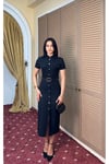 Siyah Kemerli Önden Yırtmaçlı Midi Elbise-DAR KALIP