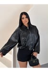 Siyah Yaka Detaylı Oversize Deri Ceket