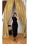 Taş Baskılı Slim Fit Vatkalı Yırtmaçlı Siyah Uzun Elbise