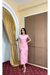 Taşlı Slim Fit Vatkalı Uzun Pembe Elbise