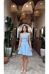 V Yaka Mavi Slim Fit Mini Elbise-DAR KALIP