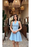 V Yaka Mavi Slim Fit Mini Elbise-DAR KALIP