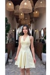 V Yaka Sarı Slim Fit Mini Elbise-DAR KALIP