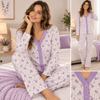 Yenteks Kadın Çiçek Desenli Önden Düğmeli Uzun Kollu Pijama Takımı – Ekru/Lila