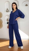 Lacivert Bol Kesim V Yaka Yarım Kollu Pijama Takımı