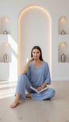 Mavi Bol Kesim V Yaka Yarım Kollu Pijama Takımı