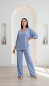 Mavi Bol Kesim V Yaka Yarım Kollu Pijama Takımı