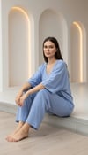 Mavi Bol Kesim V Yaka Yarım Kollu Pijama Takımı