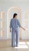 Mavi Bol Kesim V Yaka Yarım Kollu Pijama Takımı