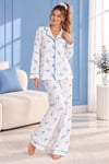 Tavşan Desenli Gömlek Yakalı Beyaz/mavi Kadın Pijama Takımı