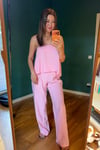 Cupro kumaş dökümlü uçuk pembe bluz pantolon takım