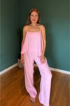Cupro kumaş dökümlü uçuk pembe bluz pantolon takım