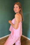 Cupro kumaş dökümlü uçuk pembe bluz pantolon takım