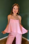 Cupro kumaş dökümlü uçuk pembe bluz pantolon takım