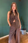 Halter yaka keten yelek - pantolon takım