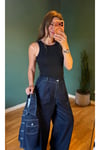 Pileli denim pantolon ve crop ceket takım