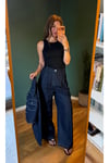 Pileli denim pantolon ve crop ceket takım