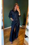 Pileli denim pantolon ve crop ceket takım