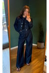 Pileli denim pantolon ve crop ceket takım