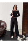 Fitilli Örme Kumaş Madonna Yaka Crop Bluz ve Geniş Paça Pantolon İkili Takım