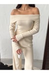 Fitilli Örme Kumaş Madonna Yaka Crop Bluz ve Geniş Paça Pantolon İkili Takım