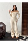 Fitilli Örme Kumaş Madonna Yaka Crop Bluz ve Geniş Paça Pantolon İkili Takım