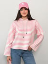 Modal Kumaş Kadın Çizgili Kapüşonlu Sweatshirt