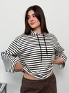Modal Kumaş Kadın Çizgili Kapüşonlu Sweatshirt