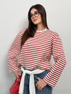 Modal Kumaş Kadın Çizgili Uzun Kollu Oversize Bluz
