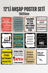 12 'Li Set Karışık Yazılı MDF Poster Duvar Tablosu Dekoratif 15x20 Cm Poster Seti