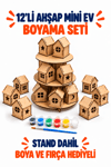 12'li Ahşap Mini Ev Boyama Seti – 3 Katlı Standlı, Boya ve Fırça Hediyeli Çocuk Etkinlik ve Hobi Seti